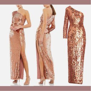 NWT $498 Mac Duggal [‎ 6 ]Sequin One-Shoulder Long sleeve Column Gown Copper